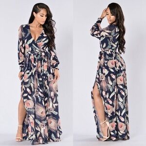 Fashion Nova navy feather sheer flowy maxi dress boho slits 
Size medium
